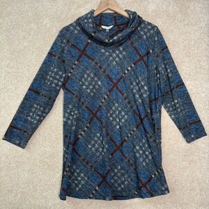 JOHN MARK Tunic Top Women's Large Blue Plaid Cowl Neck Button Back Casual FLAW